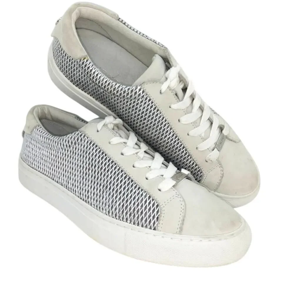 JSlides NYC Designer Womens Pre-owned Wht/Silver Textured Leather Sneakers-sz. 7